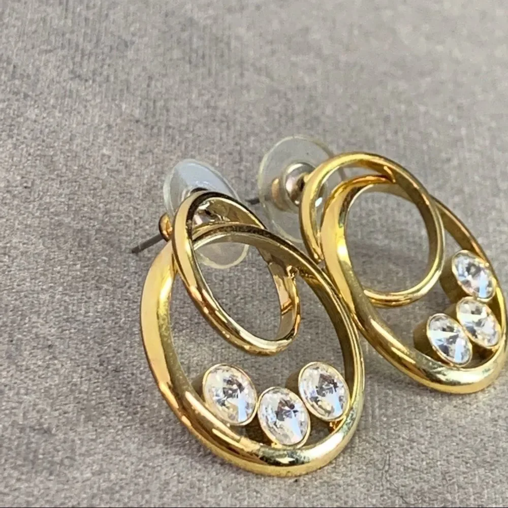 Gold tone crystal rhinestone double circle earrings